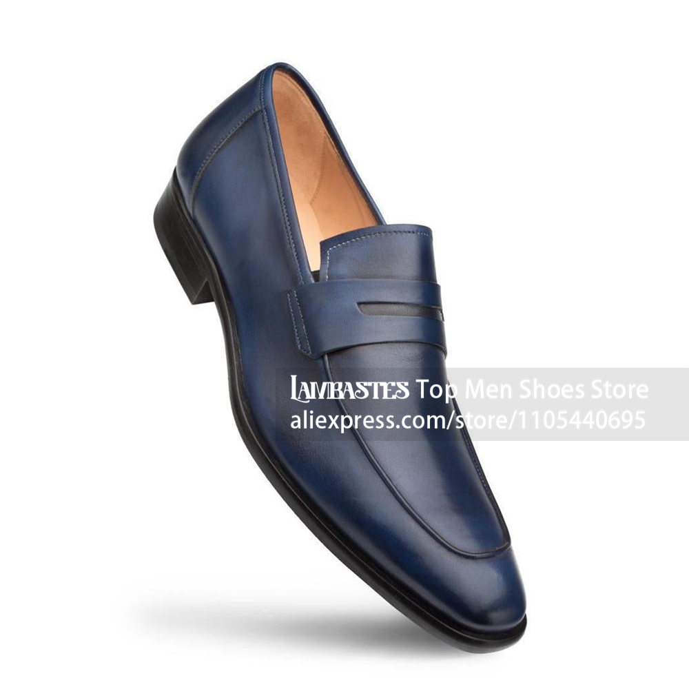 Men'S Shoes Navy Blue - Navy Blue PU Leather Penny Loafers
